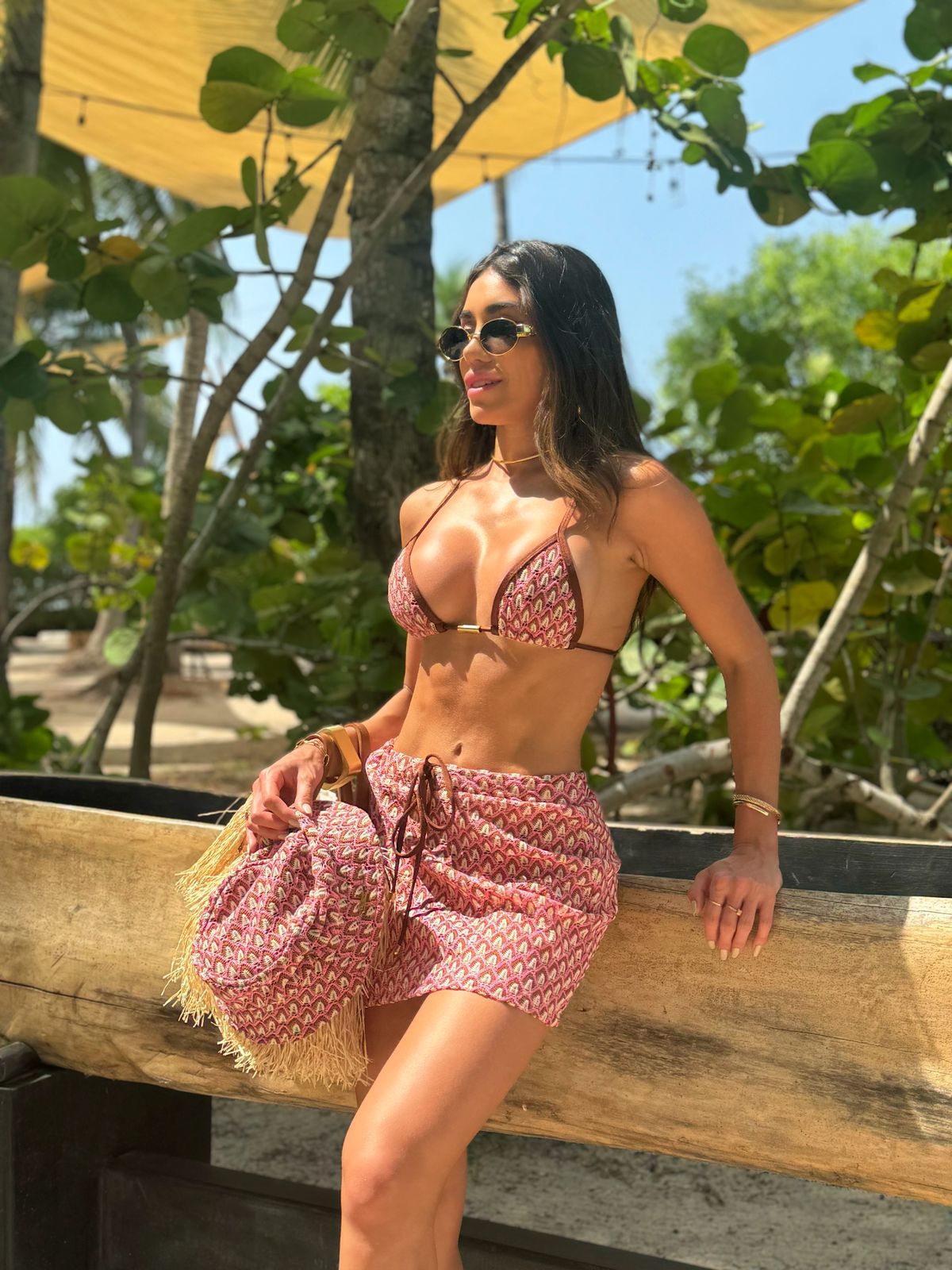 MINI SAIA TRICOT CARTAGENA MARROM/ROSA