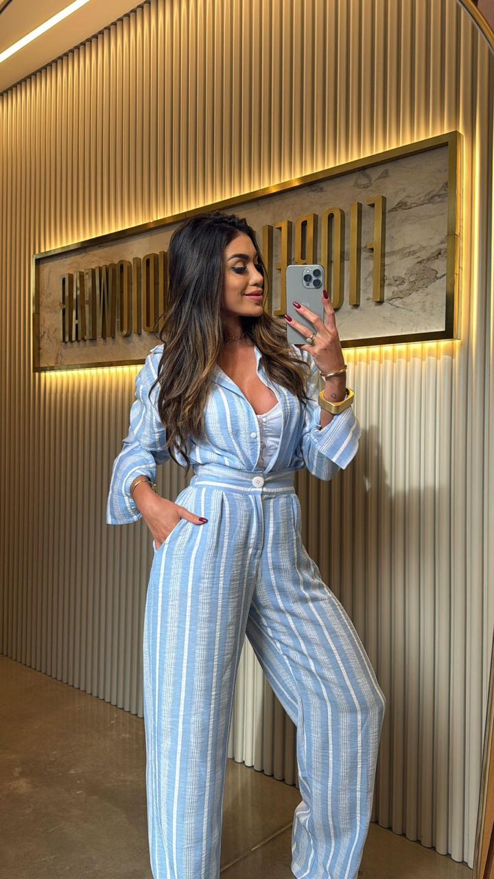 CALÇA SANTORINI LISTRADA/ CROCHET AZUL CANDY