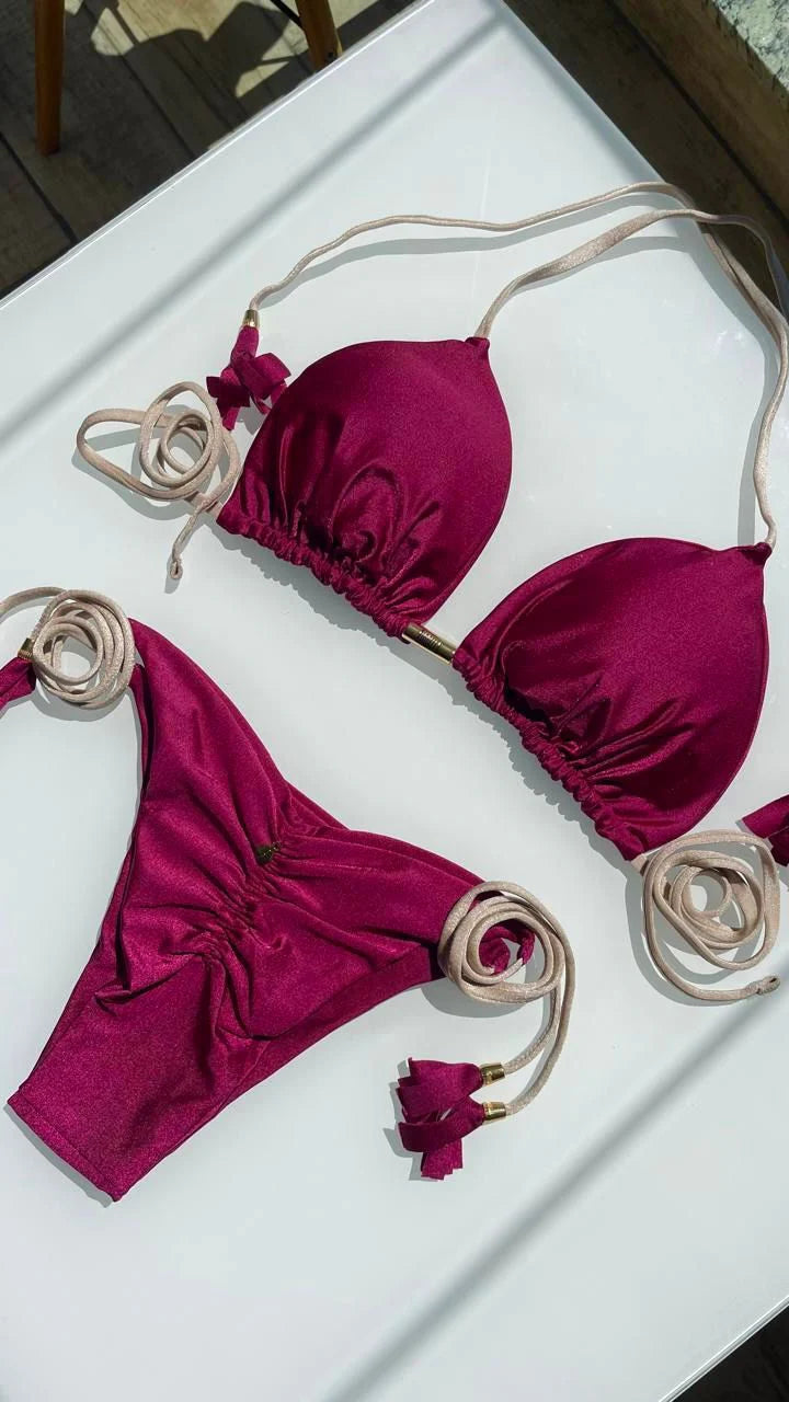 BIQUÍNI ELLOAH GLOW BORDÔ/ TIRAS DOURADA