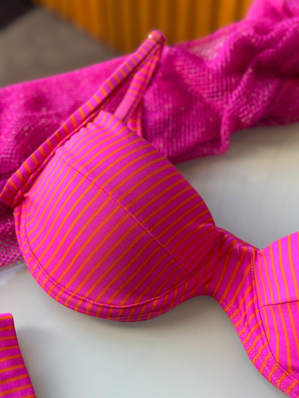 BIQUÍNI MARRY  ROSA / LISTRAS LARANJA