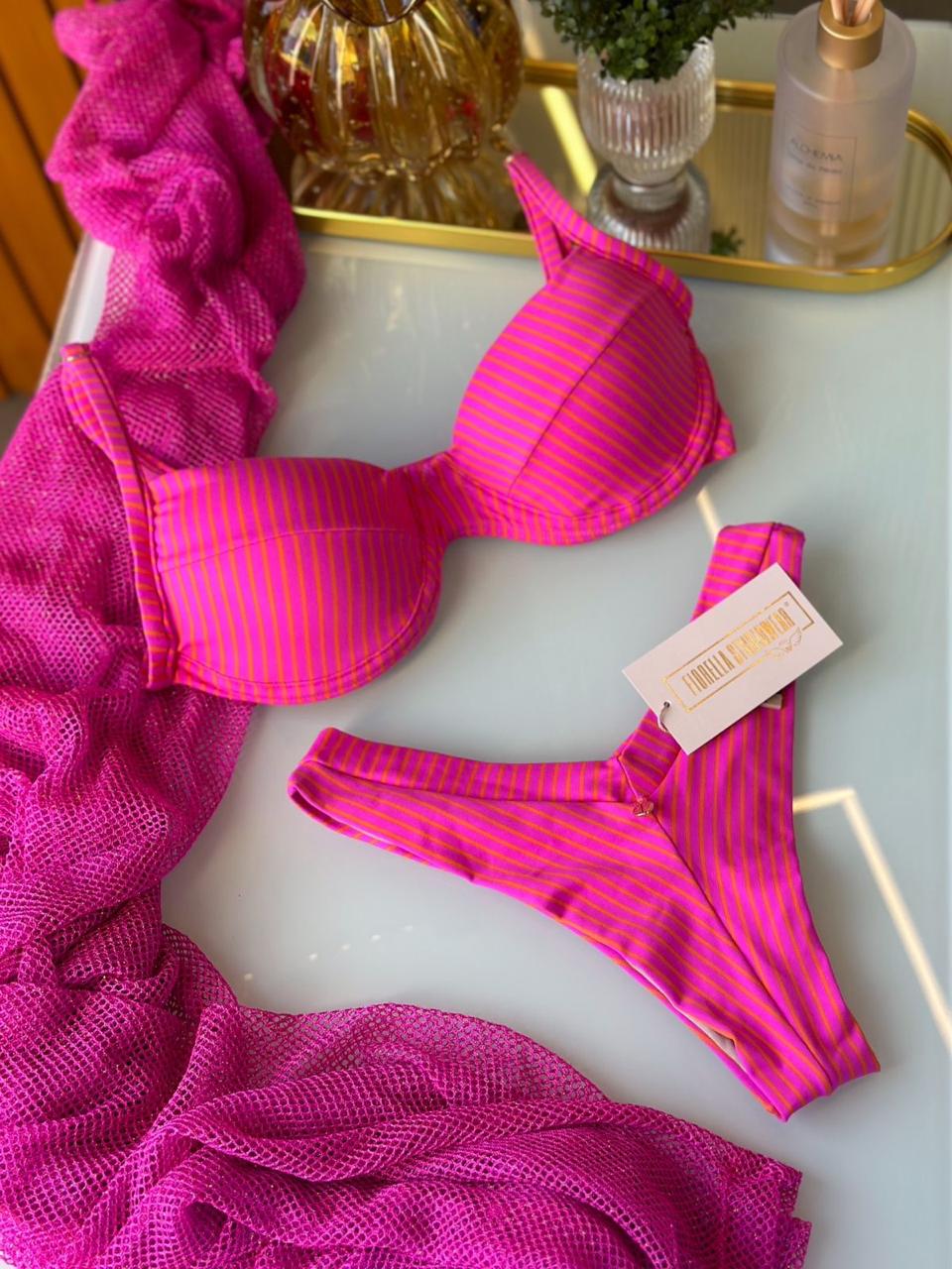 BIQUÍNI MARRY  ROSA / LISTRAS LARANJA