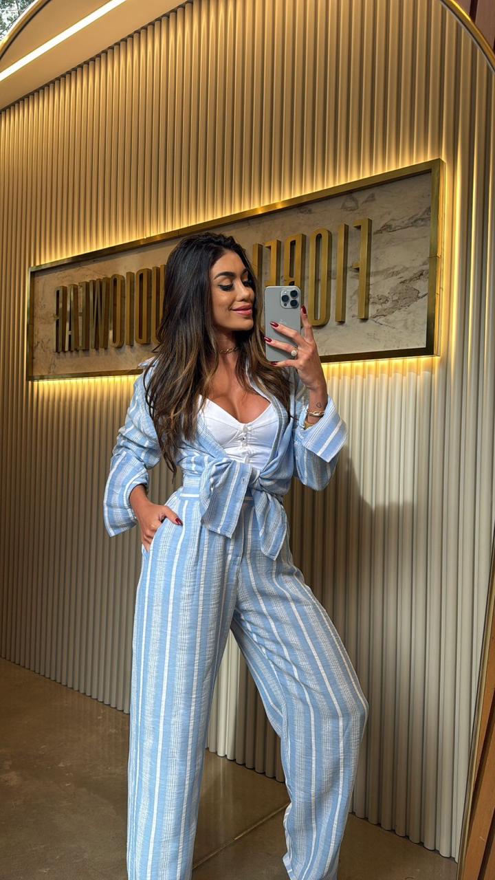 CALÇA SANTORINI LISTRADA/ CROCHET AZUL CANDY