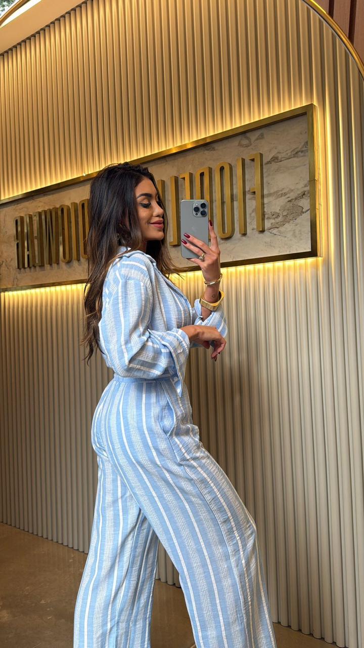 CALÇA SANTORINI LISTRADA/ CROCHET AZUL CANDY